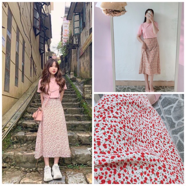 (ẢNH THẬT) sét áo thun Hồng mix chân váy hoa dài nhẹ nhàng eo bo chun
