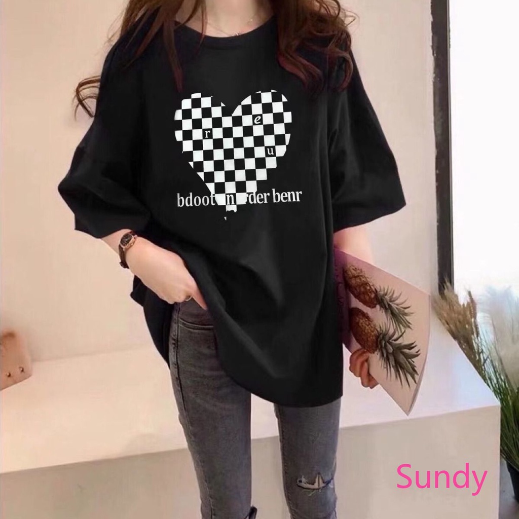 Áo Thun Họa Tiết Bàn Cờ Hình Trái Tim Plus Size Cho Nữ