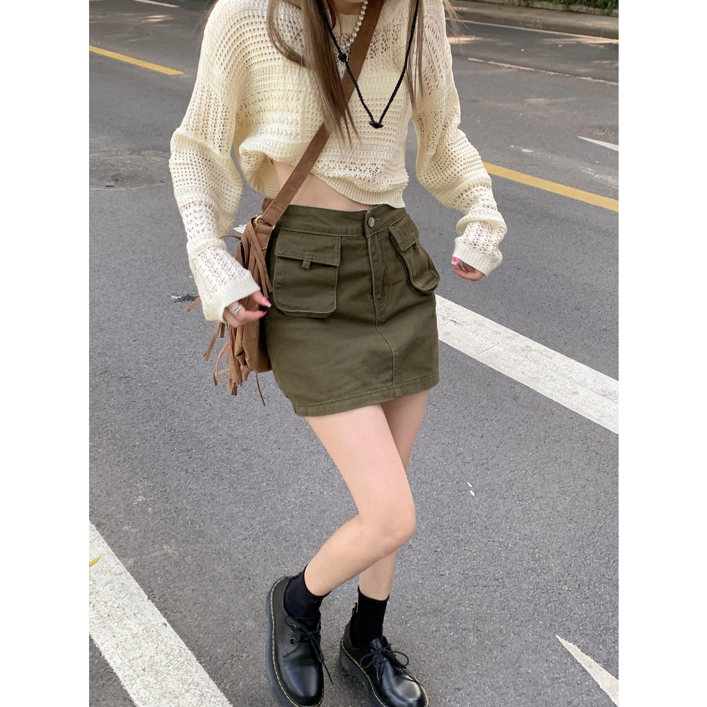 NUZIRO  Áo dệt kim tay dài chống nắng dáng rộng khoét lỗ/ chân váy  thời trang mùa hè hàng mới dành cho bạn nữ