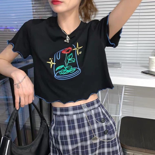 (Ảnh thật) Áo croptop cuốn biên tay ngắn form &lt; 60kg ôm body