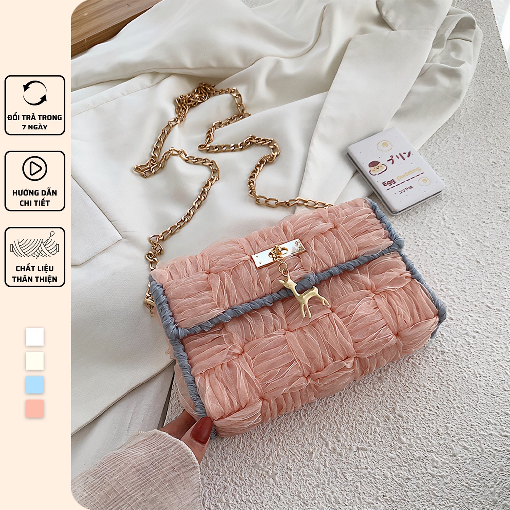 Túi len tự đan ruy băng phối viền, túi đeo chéo phong cách Hàn Quốc - Bộ phụ kiện đầy đủ LX302