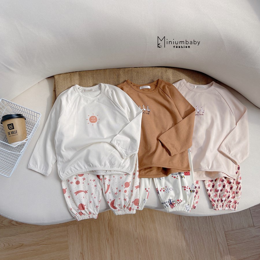 Bộ đồ dài tay quần dài thu đông in mặt trời, vịt cho bé gái/ trai chất liệu 100% cotton quần áo trẻ em Minium-SB1259
