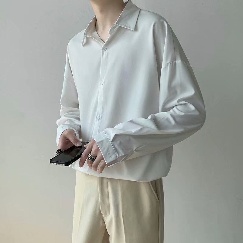 Áo Sơ Mi Trơn Tay Dài Dáng Rộng Thoáng Khí Phong Cách Hàn Quốc Thời Trang Cho Nam