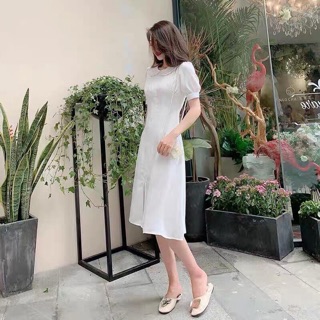 Đầm midi trắng xanh cổ sen dáng dài thanh lịch (kèm hình thật)