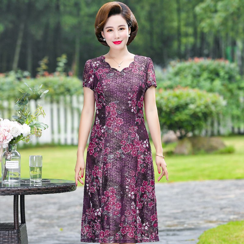 Quần áo trung niên♗Váy liền mẫu cho mẹ yêu BOR, mùa hè phụ nữ trung niên và già 40 tuổi, tuổi
