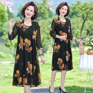 [đầm tay] Set Áo Thun Ngắn Tay + Đầm Yếm Thời Trang Cho Phụ Nữ Trung Niên