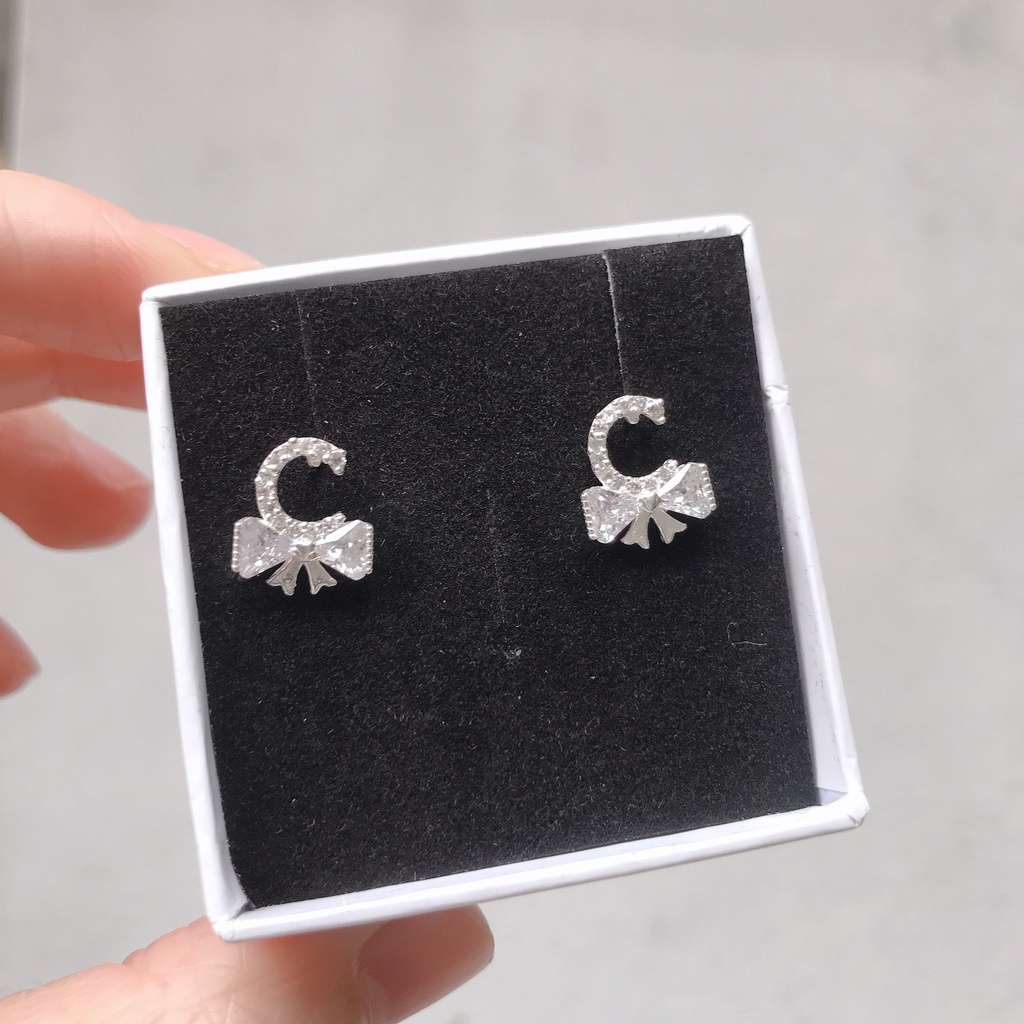 Khuyên Tai Bạc Ta CaoBac Jewellery Cho Nữ Đính Đá Nổi Bật Hoạ Tiết Nơ Sáng Lấp Lánh Sang Trọng