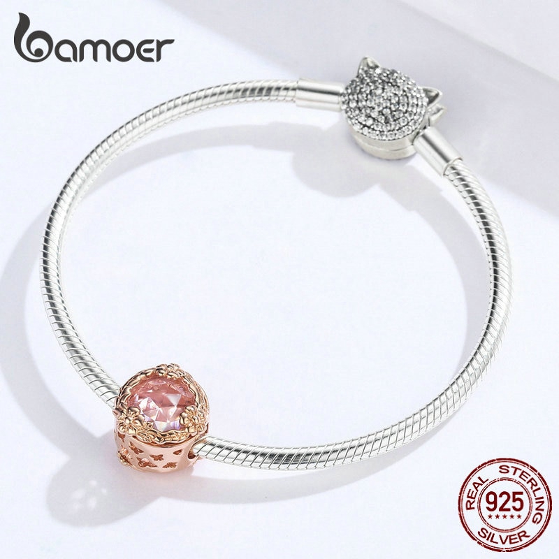 BAMOER Vòng Tay Hạt Charm Hình Hoa Bướm Và Bướm Bằng Kim Loại Mạ Vàng Hồng SCC1258