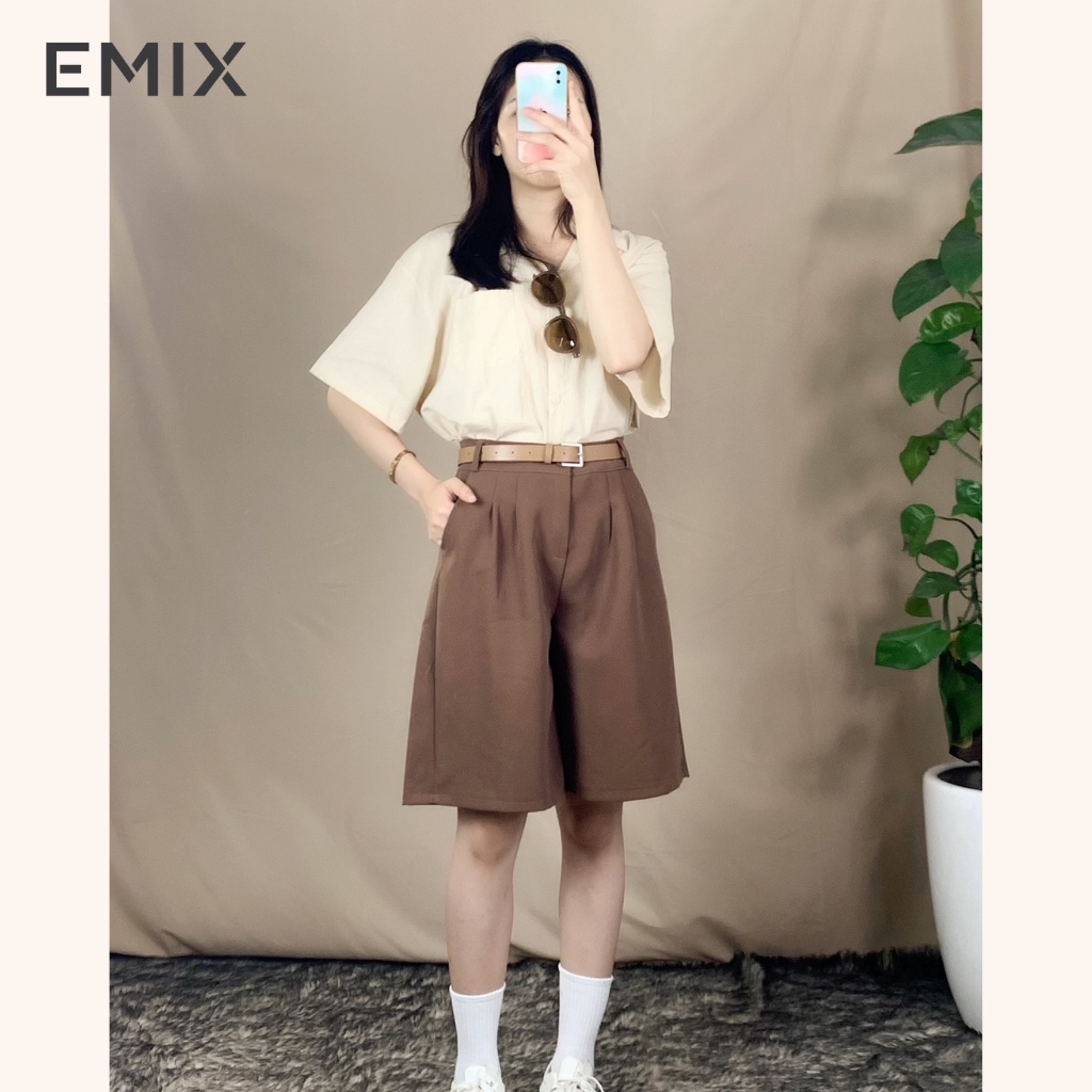 Quần short lửng ống rộng 1 ly EMIX cạp cao, vải tuyết mưa mềm mịn, không bai màu Q2066/P0K44