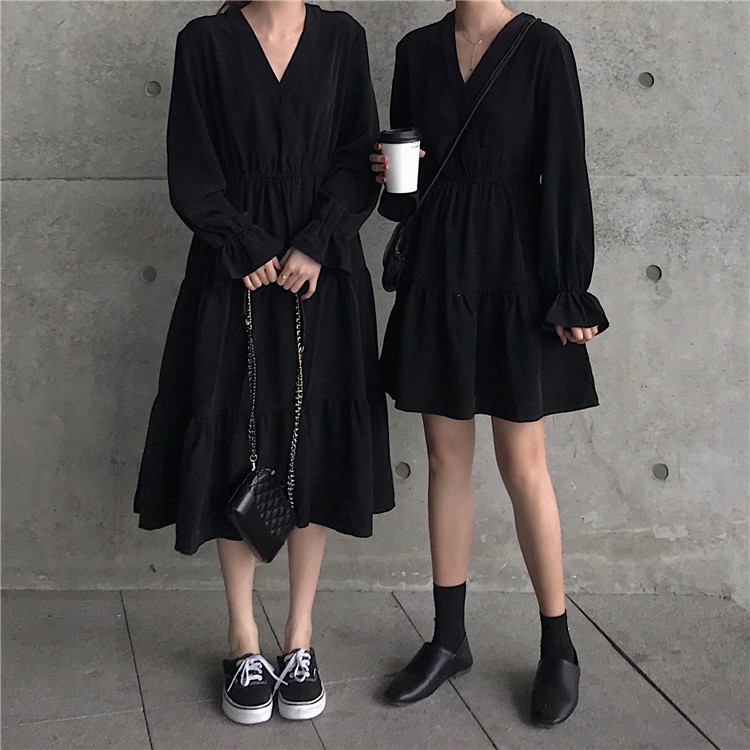 Đầm babydoll dáng xoè tay dài trắng và đen đôi bạn thân dáng ngắn và dáng dài