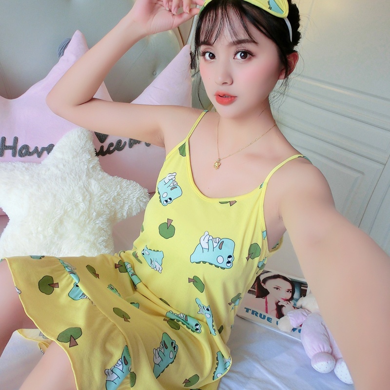 Đầm ngủ hai dây họa tiết khủng long hoạt hình thời trang mùa hè cho nữ