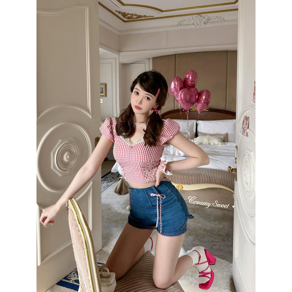 Áo Kiểu Tay Phồng Cổ Chữ V Phối Ren Dáng Ôm Sọc Ca Rô Thời Trang Pháp Xinh Xắn Cho Nữ