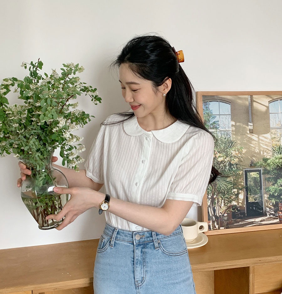 Áo Sơ Mi Vải Jacquard Trắng Tay Ngắn Dáng Rộng Thời Trang Mùa Hè 51353