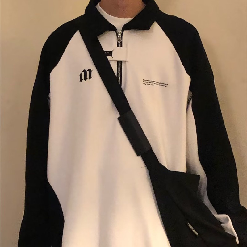 Áo Sweater POLO Dáng Rộng Tay Dài Cổ Đứng Phối Màu Trắng Đen Tương Phản Thời Trang Cho Nam