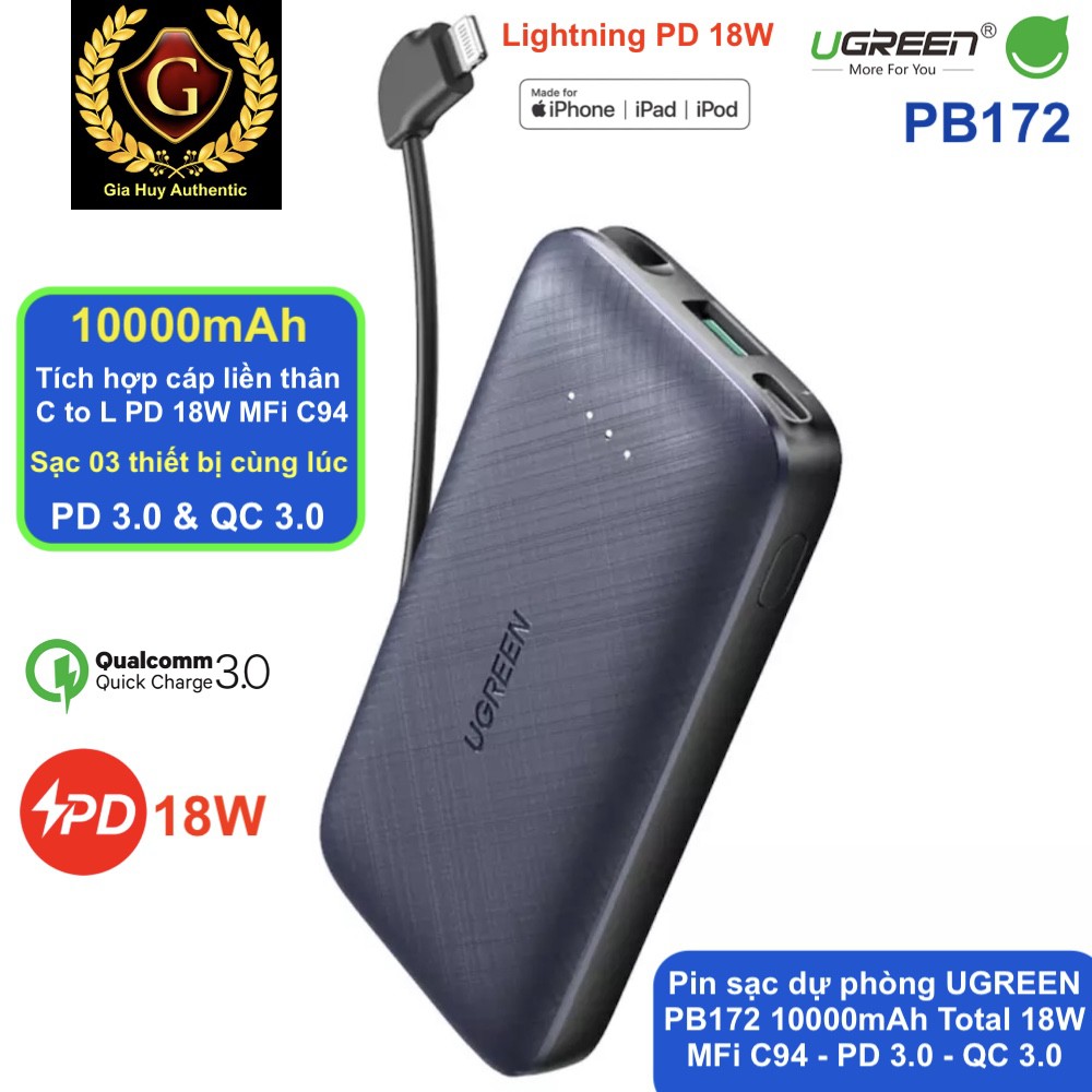 Pin sạc dự phòng tích hợp Cáp Lightning PD 18W MFi C94 UGREEN PB172 10000mAh PD 18W &amp; QC 3.0 18W