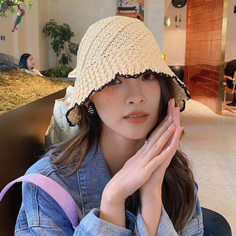 Mũ Bucket Sợi Đan Trơn Dáng Sụp Viền Đen Nữ Tính