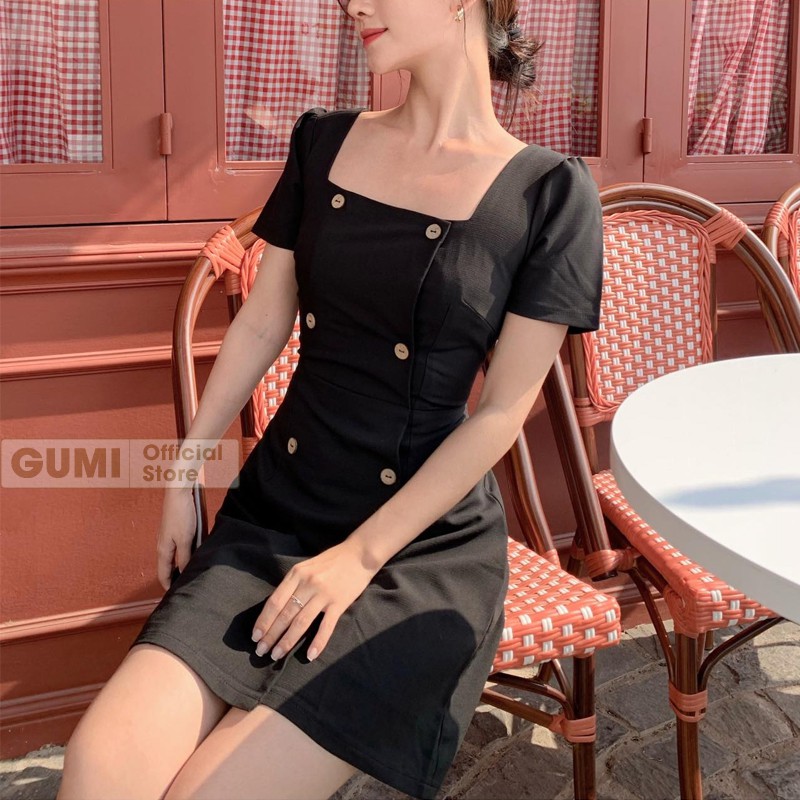 Váy nữ dự tiệc dáng chữ A cổ vuông tay phồng nút gỗ - Đầm dự tiệc Gumi trẻ trung sang trọng GM2073 | BigBuy360 - bigbuy360.vn
