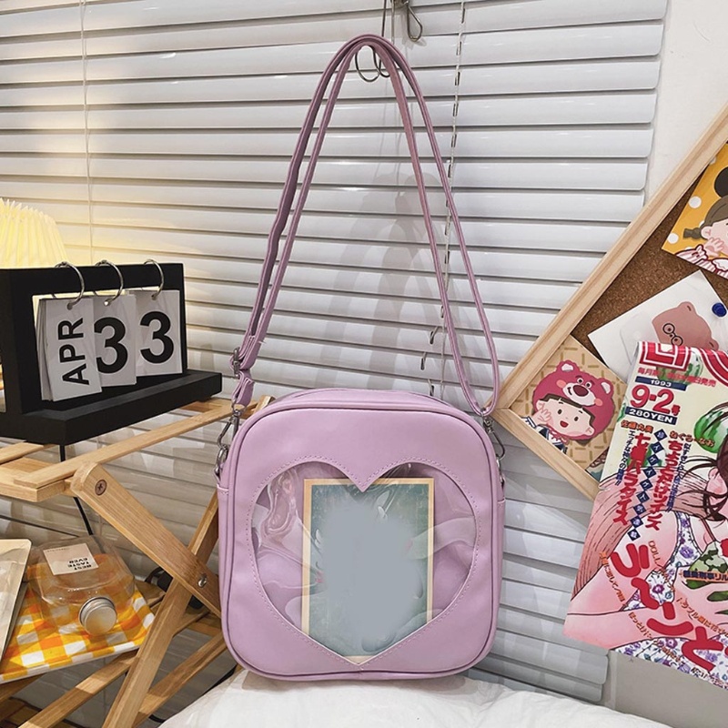 Túi Đeo Chéo Vai Bằng Da PU Hình Vuông Họa Tiết Trái Tim Trong Suốt