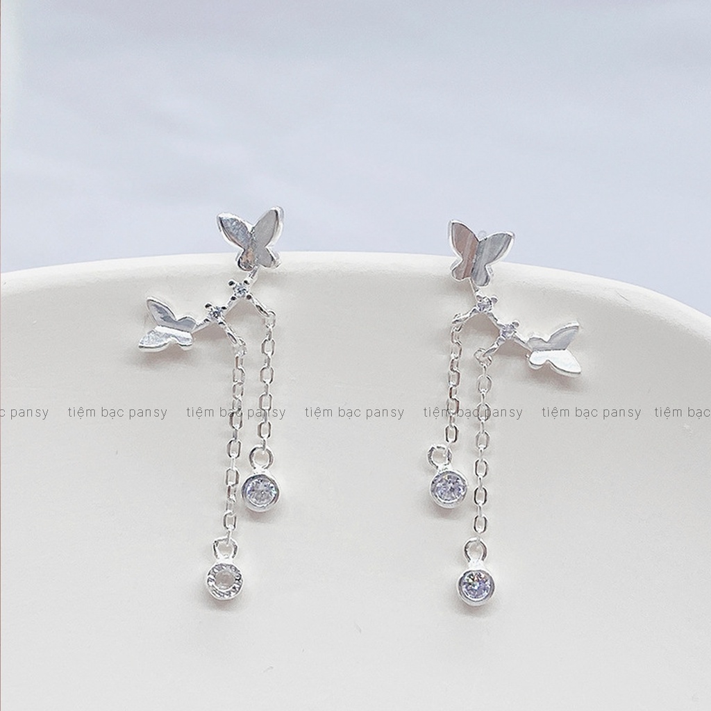 Bông tai bạc nữ PANSY hình cánh bướm thả sợi dáng dài, khuyên tai bạc hồ điệp xinh xắn