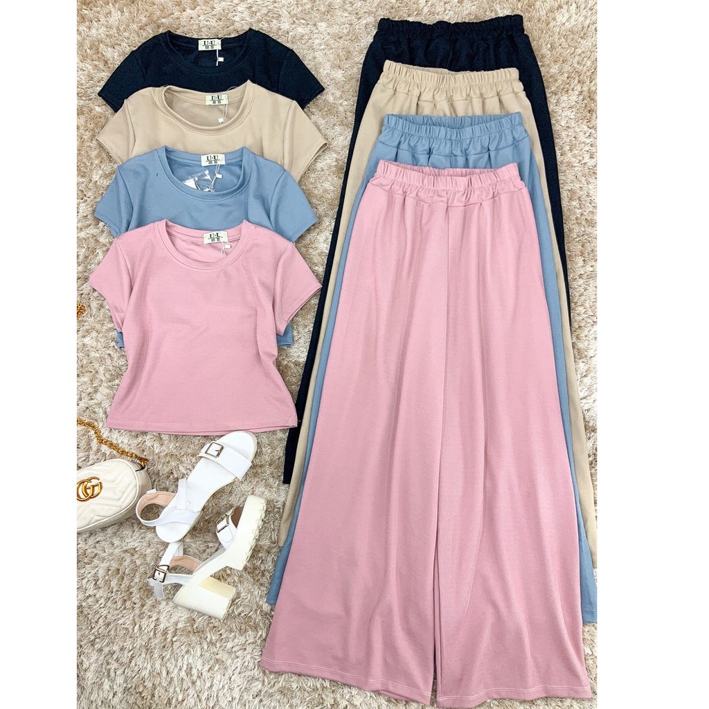 Set đồ bộ áo croptop trơn và quần dài ống suông rộng siêu tôn chân dài, mặc siêu ngọt ngào