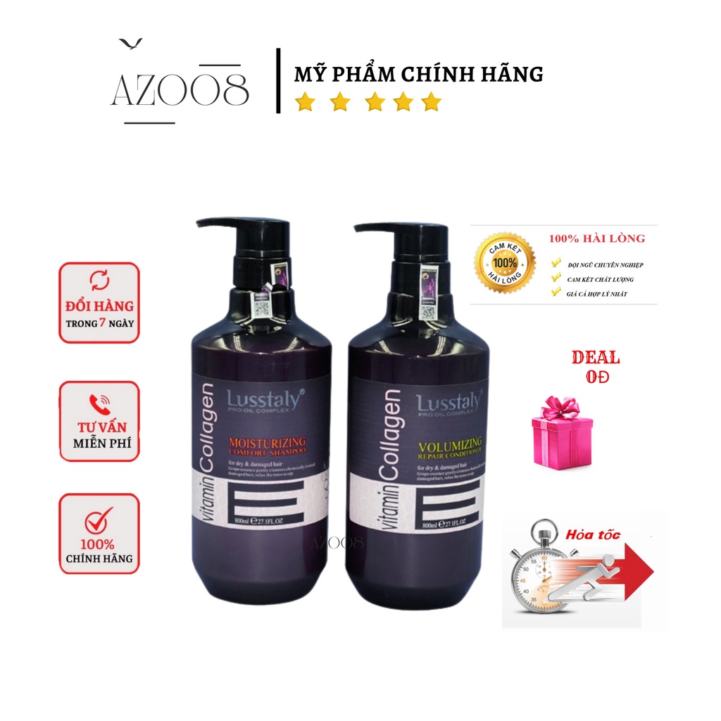 cặp dầu gội collagen Lusstaly vitamin E 500ml-800ml, dầu gội đầu mượt tóc, phục hồi tóc, chống rụng, tăng phồng AZ008