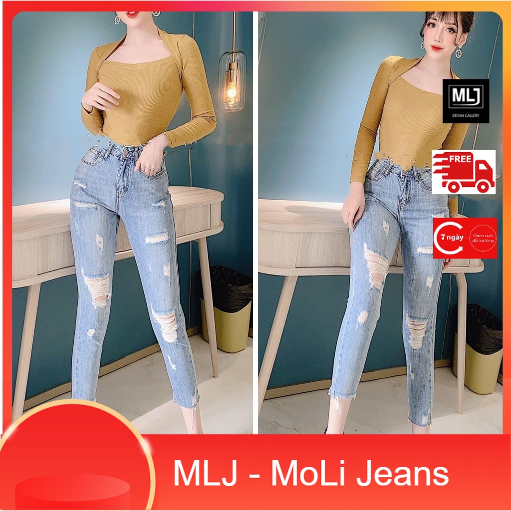 Quần jean 9 TẤC BIGSIZE Lưng cao, Rách kiểu, màu xanh nhạt, co dãn mạnh rẻ đẹp dành cho người béo Hottrend Moliruan