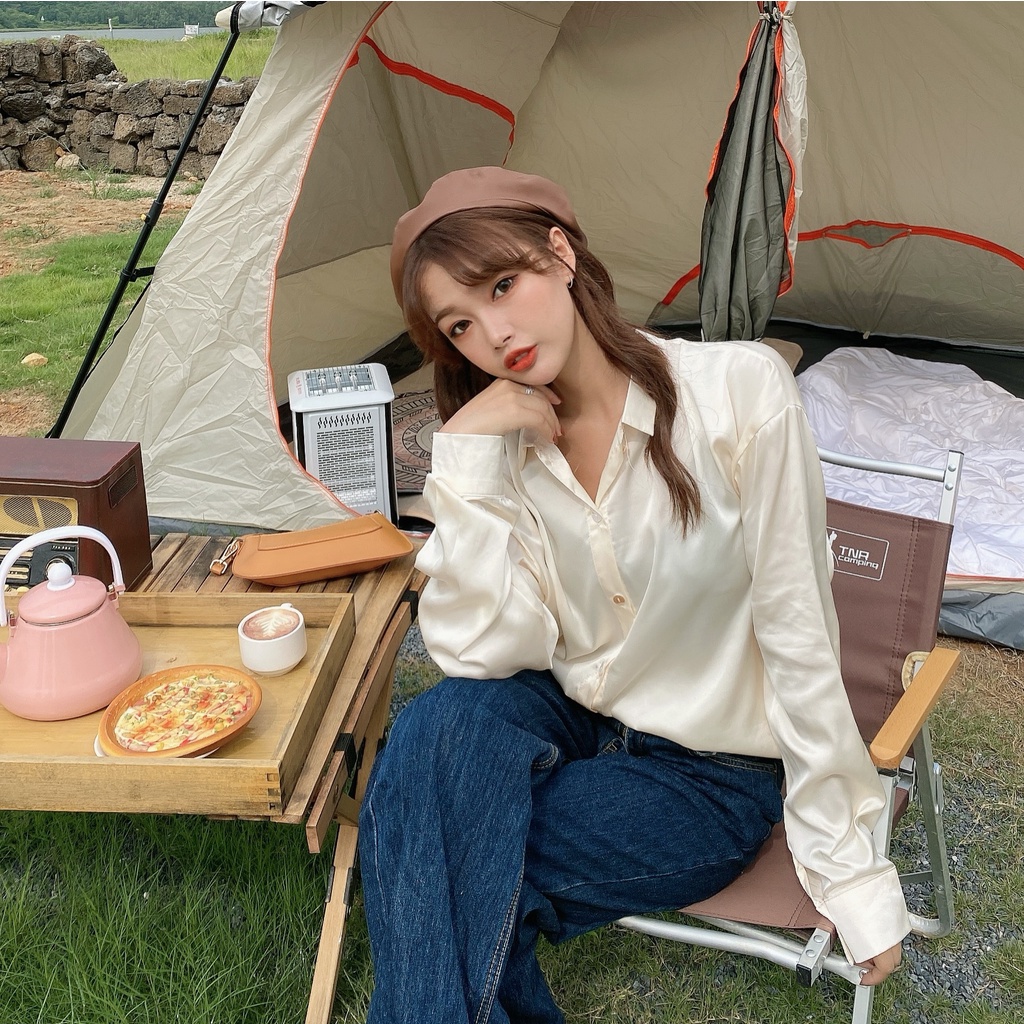 Áo sơ mi SUXI tay dài màu trơn dáng rộng hợp thời trang cho nữ