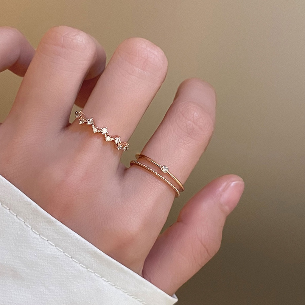 Nhẫn Đeo Tay Gợn Sóng Hai Lớp Đính Đá Zircon Màu Vàng Hồng Trắng Tinh Tế Thời Trang Độc Đáo