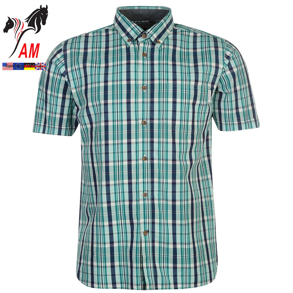 [100% cotton] Áo Sơ Mi Nam Ngắn Tay Pierre Cardin Check Short Shirt Mens  (Greenn/Blue/Wht - Size EU - UK)