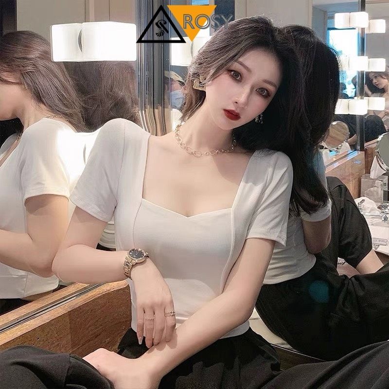 Áo nữ cổ tim tay ngắn chất borip gân co giãn siêu đáng yêu cho nữ
