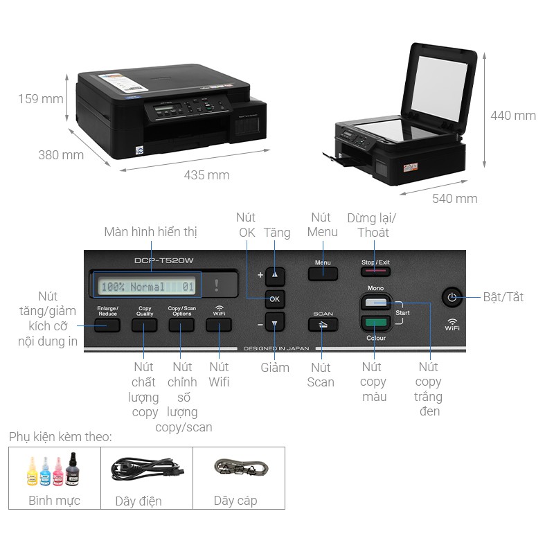 Máy in phun màu đa năng Brother DCP-T520W - In, Scan, Copy, WiFi -  Hàng Chính Hãng