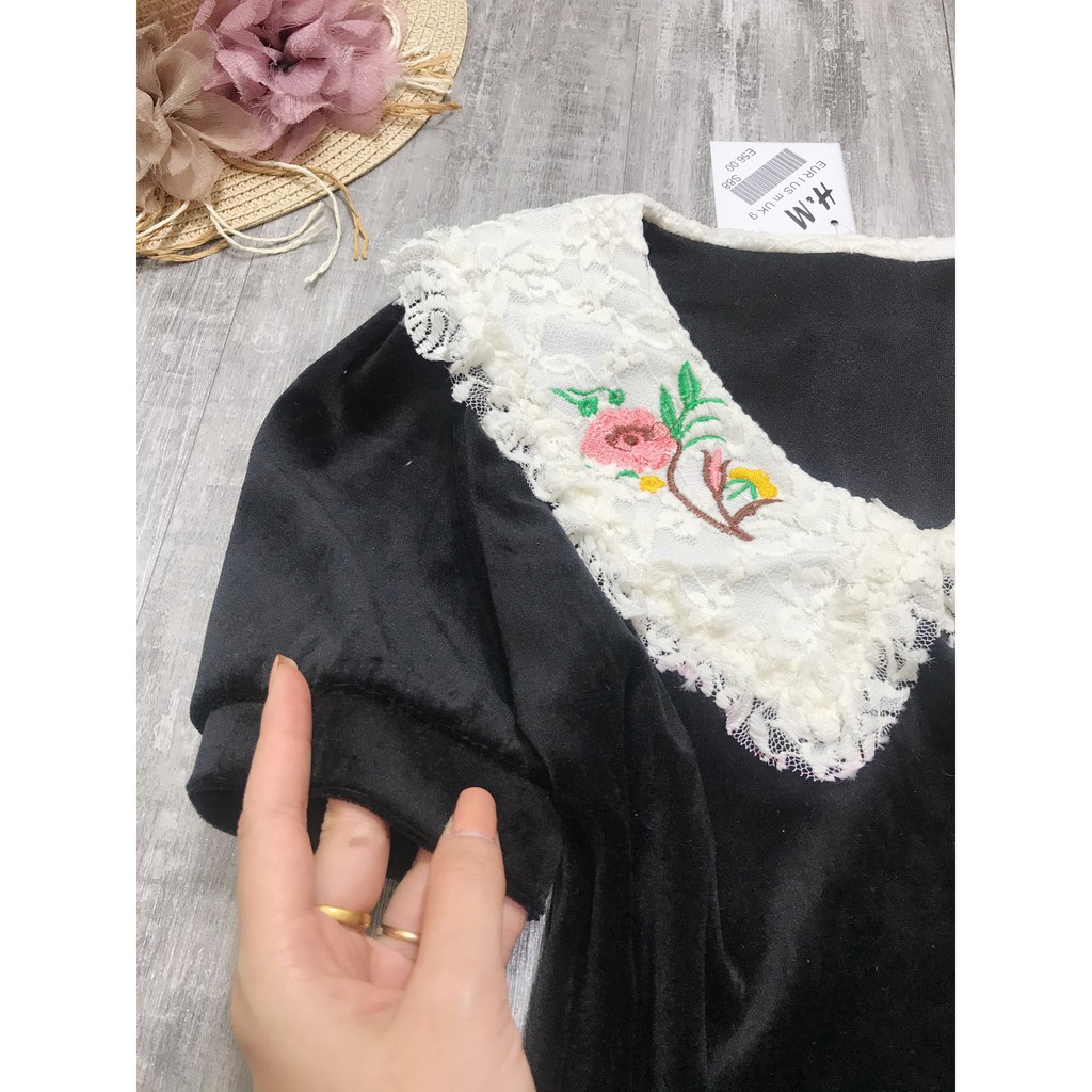 Váy Nhung Cổ Ren Thêu Hoa Y866 | BigBuy360 - bigbuy360.vn