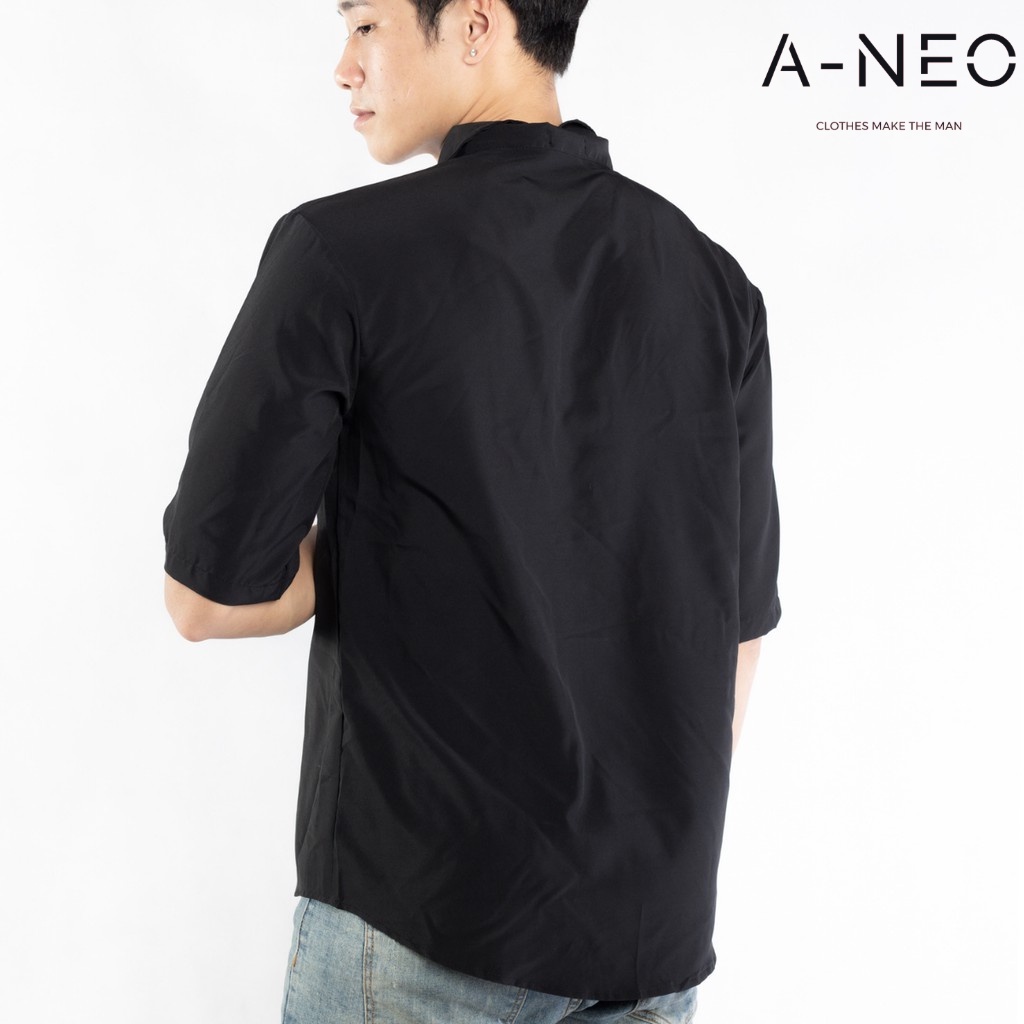 Áo Sơ Mi Nam A-NEO trơn ngắn tay vải Lụa thoáng mát, thấm hút, không nhăn chuẩn form màu Đen | BigBuy360 - bigbuy360.vn