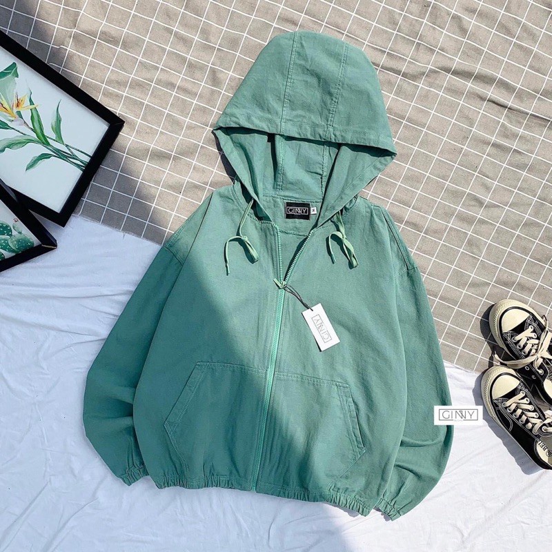 Áo Khoác Kaki Nón Basic GINNY Phiên Bản Mới - Tone Xanh Mint | Áo Khoác Nữ Kaki Có Nón | Chất Kaki Đ