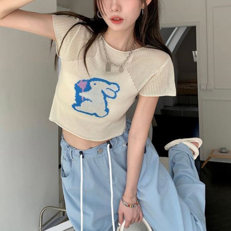Áo Croptop Dệt Kim Tay Ngắn Dáng Ôm In Hình Thỏ Dễ Thương Cho Nữ