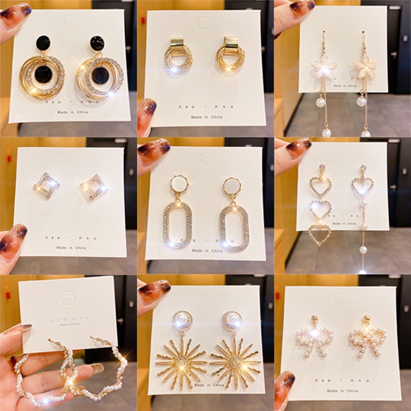 Bộ 50 bông tai đính đá ngọc trai thời trang phong cách Hàn Quốc