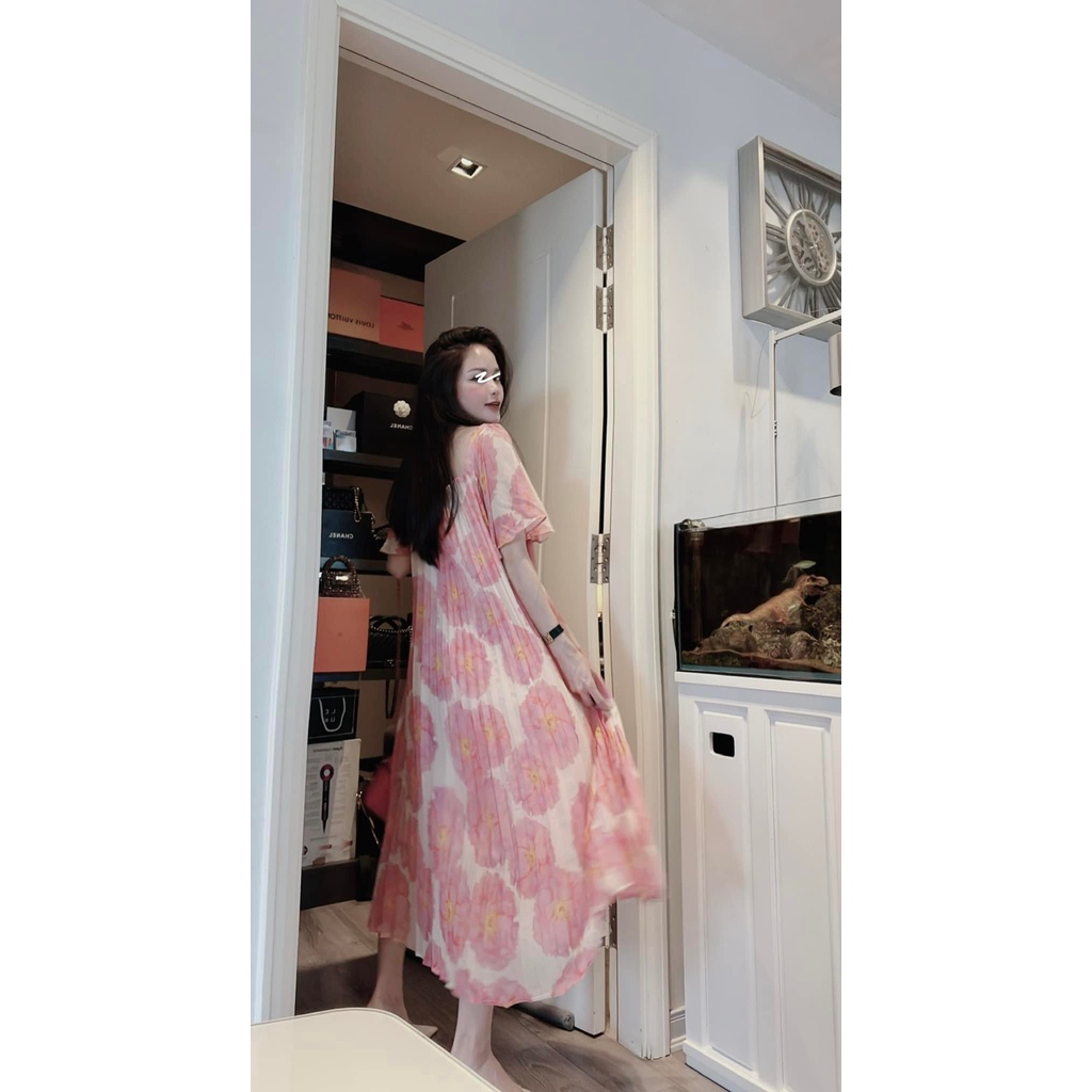 Đầm babydoll hoa dáng dài ,Đầm babydoll thiết kế form hàn quốc lụa voan dập ly hai lớp diện bầu bí thoải mái
