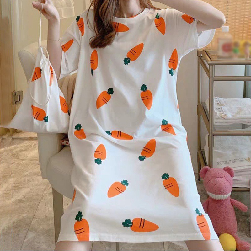 Đầm ngủ dáng rộng tay ngắn in họa tiết thời trang có kích thước lớn cho nữ