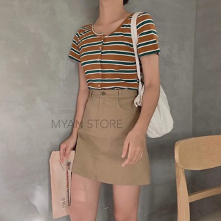 Áo croptop kẻ ngang 180k + chân váy kaki 180k brand Myan store new 100%