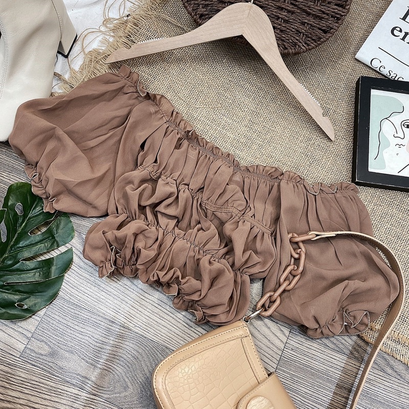 Áo Crop Voan Tơ Nhún Tay Bồng 2Màu Đen Nâu