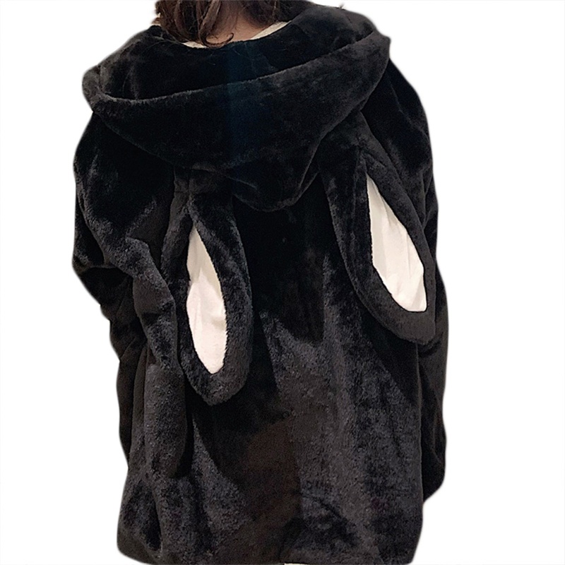 Youyo Áo Khoác Hoodie Lông Giả Tai Thỏ Dễ Thương Có Khóa Kéo Phong Cách Harajuku Mùa Đông Cho Nữ