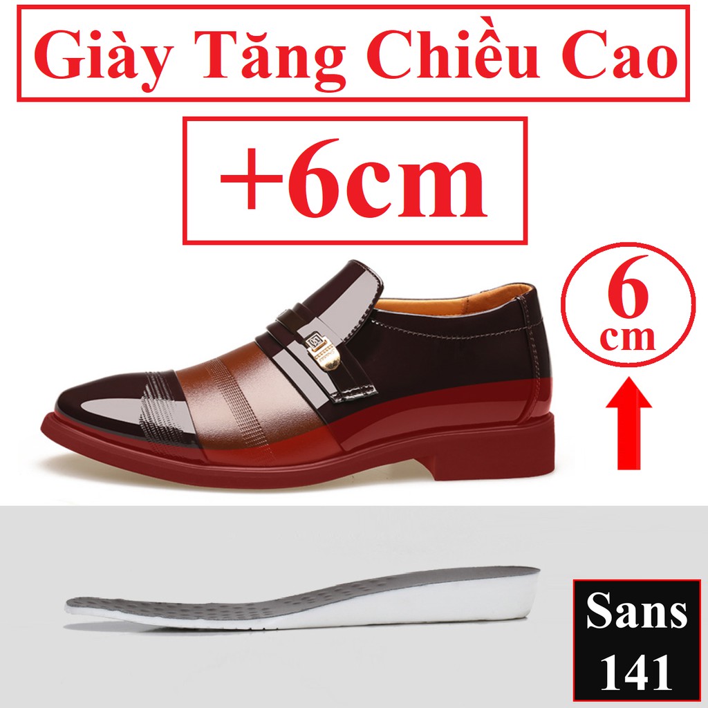 Giày tăng chiều cao nam 6cm Sans141 giầy tây độn đế lười da bóng mũi tròn đen nâu size nhỏ 37 công sở đàn ông người lớn