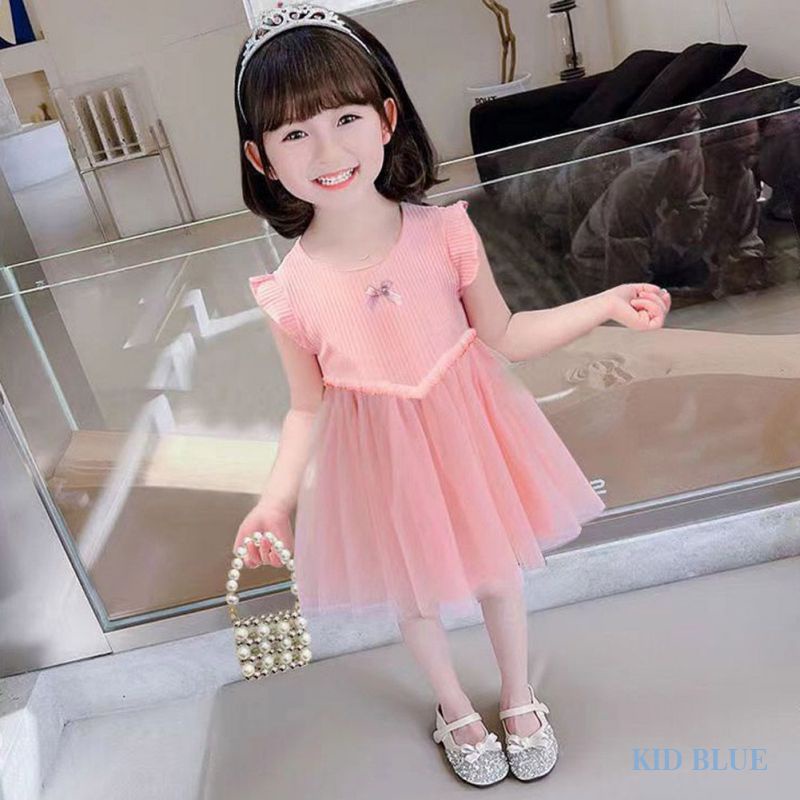 Đầm Công Chúa Không Tay Màu Trơn Phối Lưới Đính Nơ Xinh Xắn Cho Bé Gái