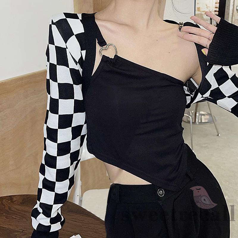 Áo Croptop Không Tay Màu Đen Thiết Kế Lệch Tà Thời Trang Quyến Rũ Cho Nữ
