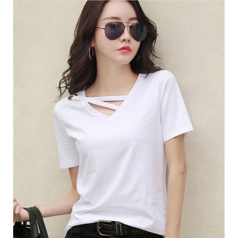 Áo Thun Nữ Tay Lửng Cổ Chữ V Thời Trang Hàn Quốc