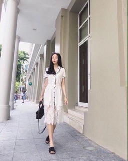 Váy lụa pijama cổ vest chân ren