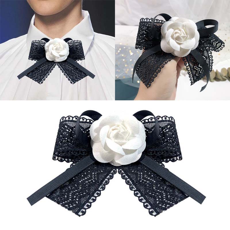 Nơ Cài Cổ Áo Hình Hoa Trà Ren Trắng Phong Cách Vintage Hàn Quốc