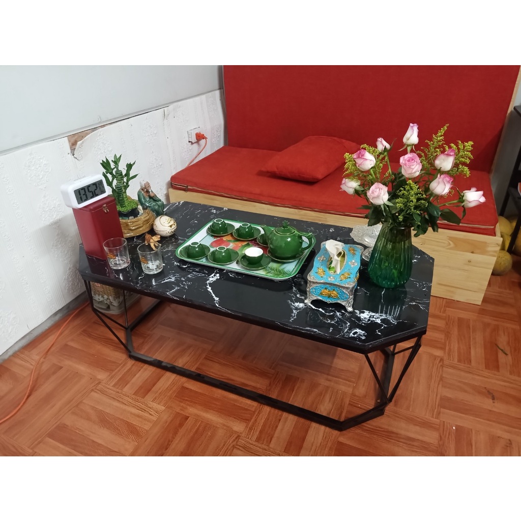 Bàn trà sofa mặt đá dài khung kim cương chân bằng khung kim loại sơn tĩnh điện - Mituhome