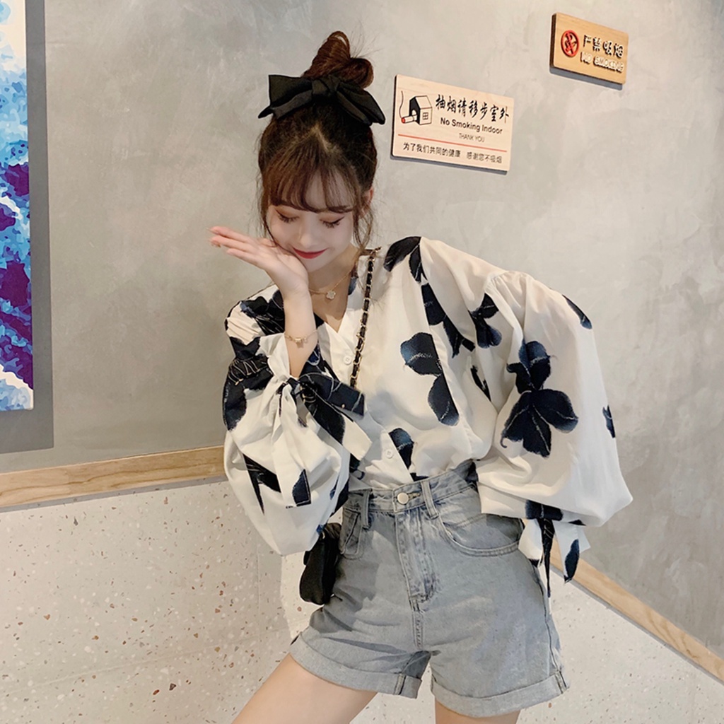 SUXI Áo Kiểu Tay Phồng Dài Cổ Chữ V Form Rộng Phong Cách Vintage