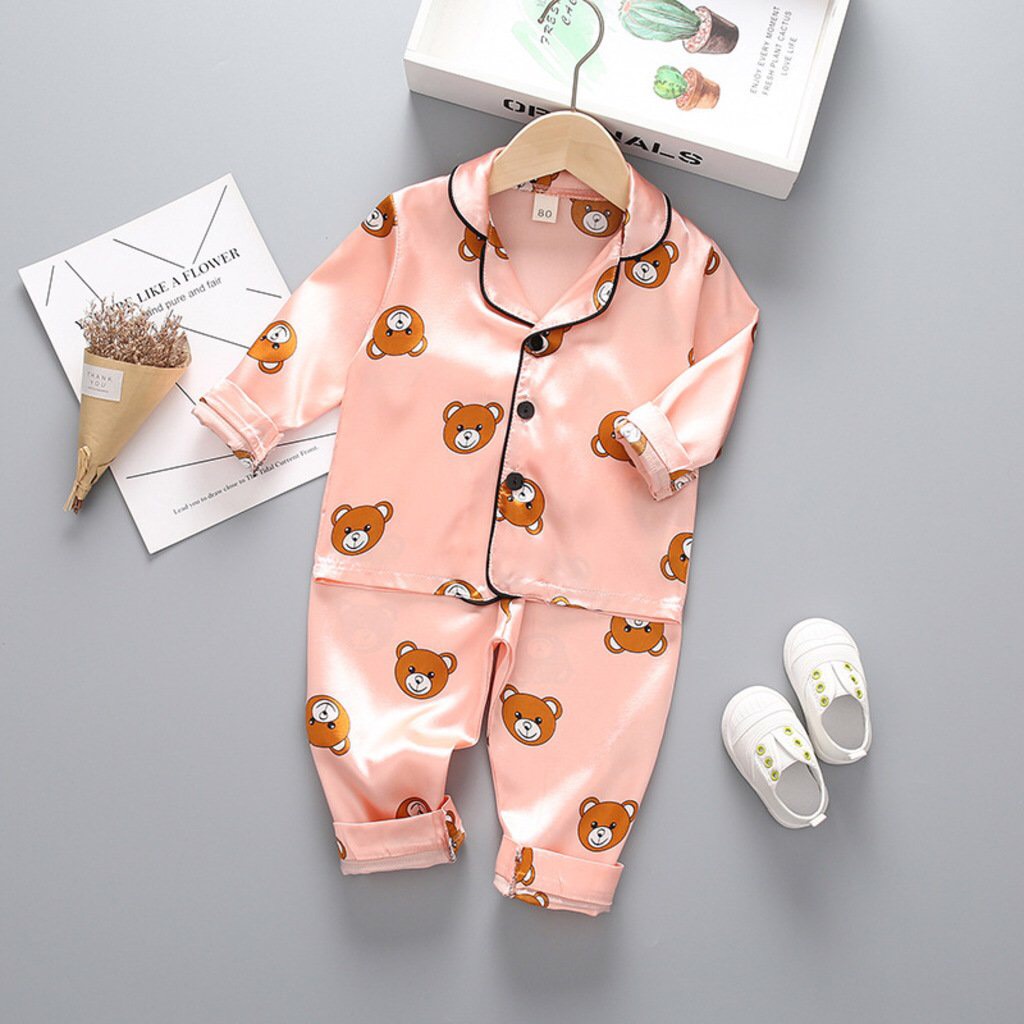 Đồ Bộ Pijama Dài Tay In Hình Gấu Cute Chất Lụa Cao Cấp Cho Bé Trai Bé Gái Mặc Đều Xinh